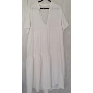 By Anthropologie White Cotton Tiered Dress Size 1X  Deep V neck Neckline